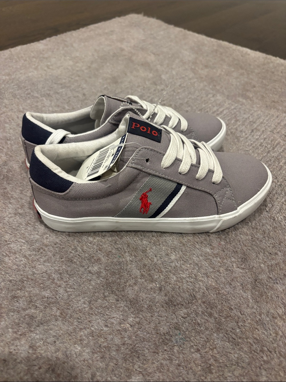 Polo by Ralph Lauren Gray Canvas Low-Top Sneakers with Red Logo and Navy NWT